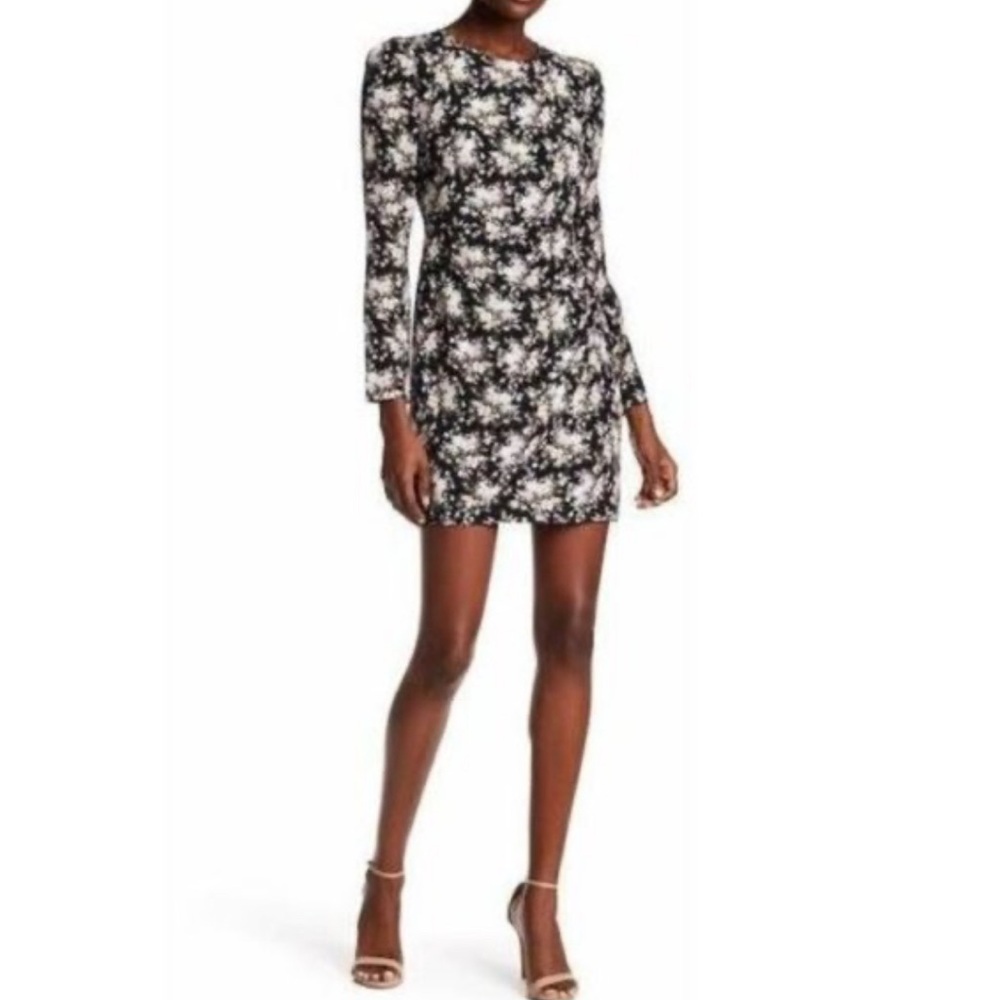 Club Monaco Silk Black Floral Amelda Faux Wrap Skirt Long Sleeve Mini Dress - Picture 1 of 10